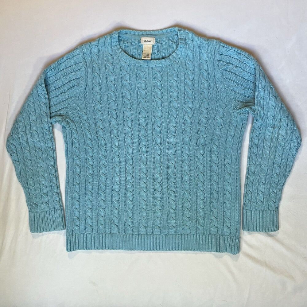 LL Bean Womens Original Teal Blue Cable Knit Cotton Crewneck Sweater Large